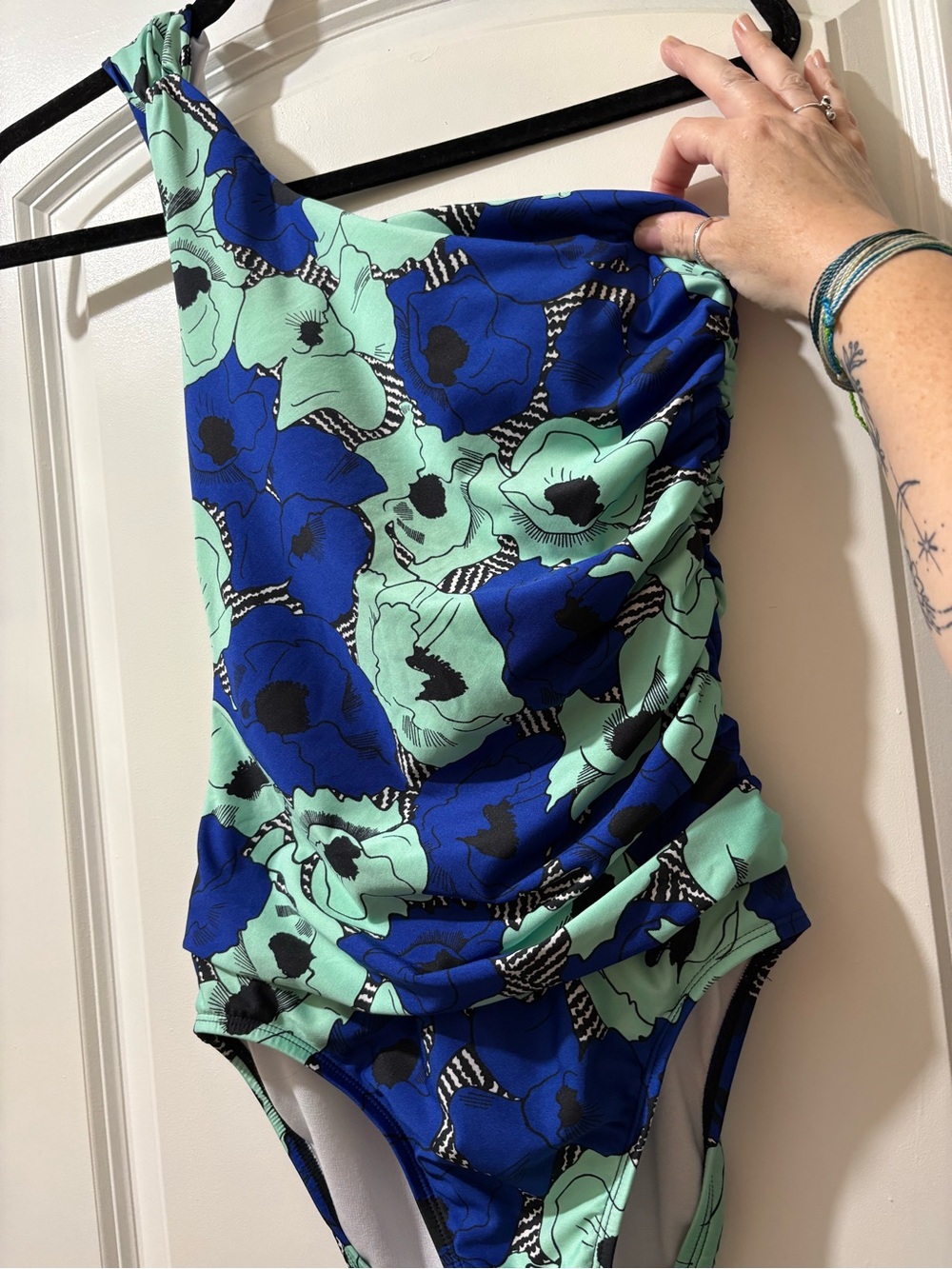 One-Shoulder Floral One-Piece Swimsuit in Blue and Mint